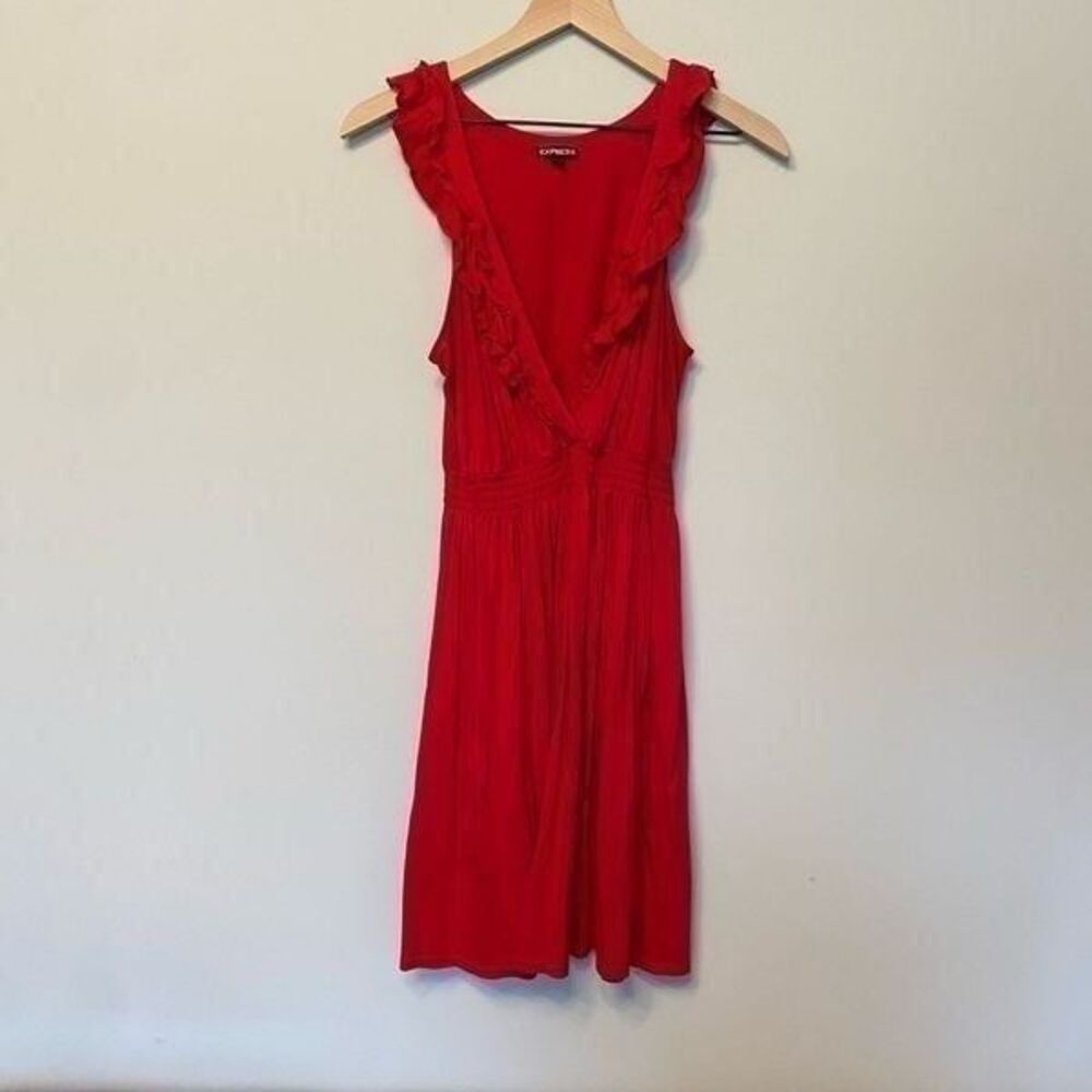 Express Medium Red Sleeveless Dress Ruffle V Neck
